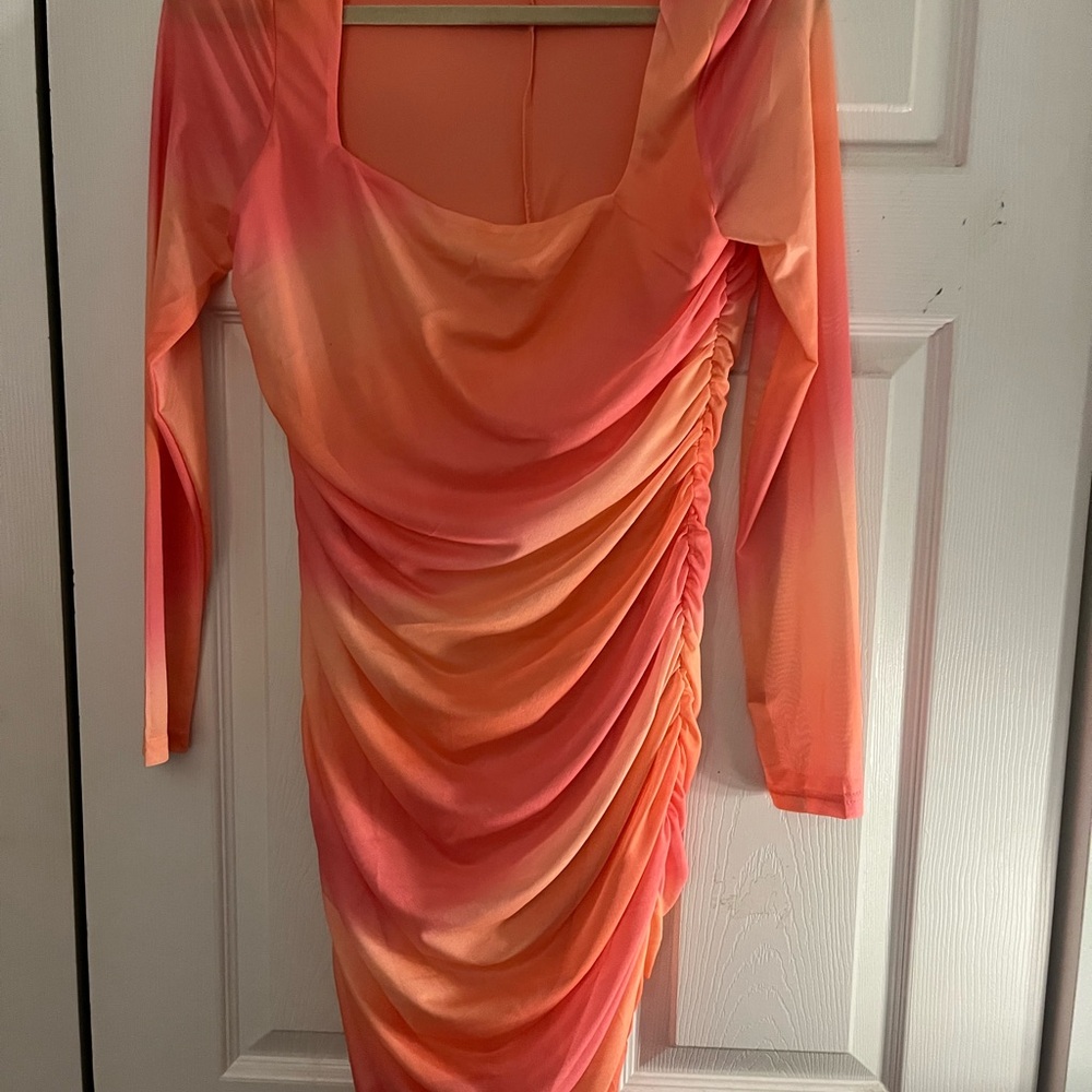 SHEIN Orange to Pink Ombre Ruched Long Sleeve Dress